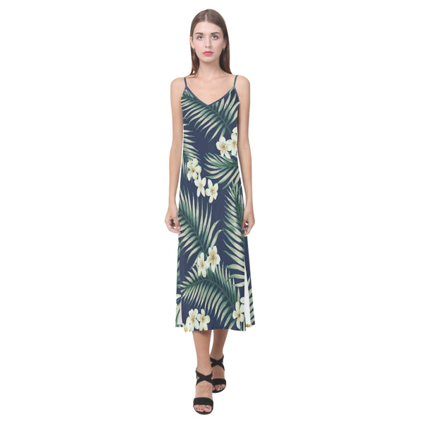 Women's V-Neck Sleeveless Dress Green Tropical Leaf Flower - Perinterest