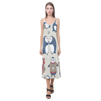 Women's V-Neck Sleeveless Dress Beige Cute Penguins - Perinterest